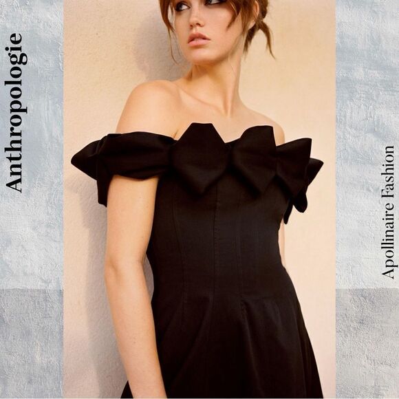 ANTHROPOLOGIE BY MAEVE OFF SHOULDER BOW MIDI DRESS IN BLACK SIZE 4 NEW - Picture 3 of 6
